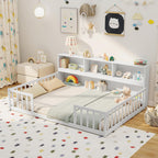 GIANTEX Twin Floor Bed with Fence for Kids, Wooden Montessori Bed Frame with Lockable Door & Guardrails, Low Floor Beds for Kids, Boys, Girls, No Box Spring Needed, Without Wood Slats, White