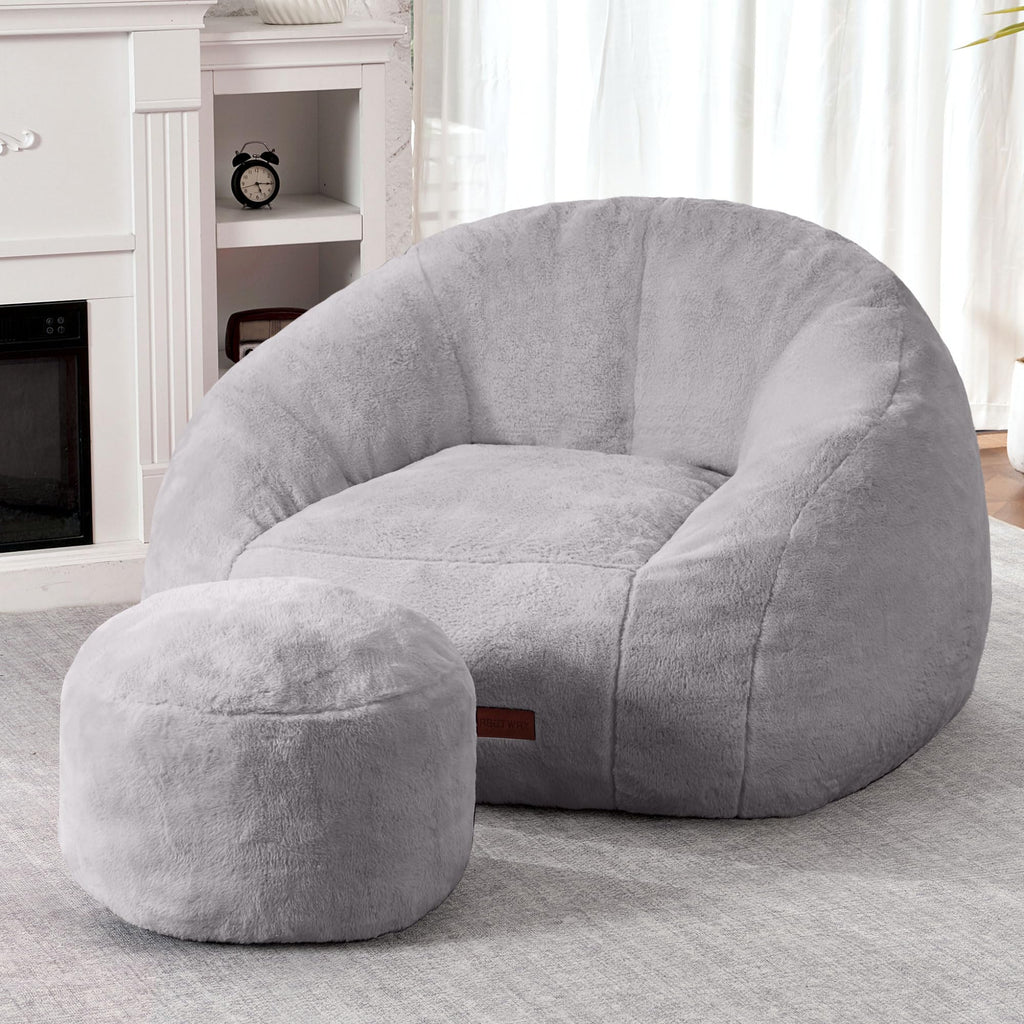 HABUTWAY Bean Bag Chair, Giant Bean Bag Chairs for Adults with Ottoman, Comfy Faux Fur Shell-Shaped Bean Bag Couch, Sofa Chair for Living Room, Bedroom, Purple