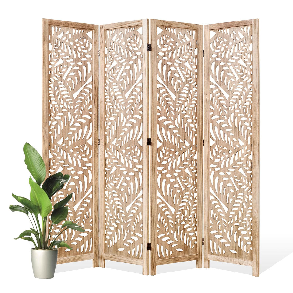 Leaf-Carved Room Divider Privacy Screen - 67 Inch Tall Foading Decorative Wood Screen Dividers Panel for Home - Natural Wood Room Partitions for Enhanced Privacy and Style Natural 4 Paned