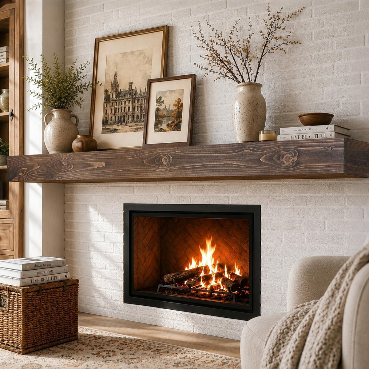 60x8x3in Rustic Fireplace Mantel Pine Wood, Weathered Brown