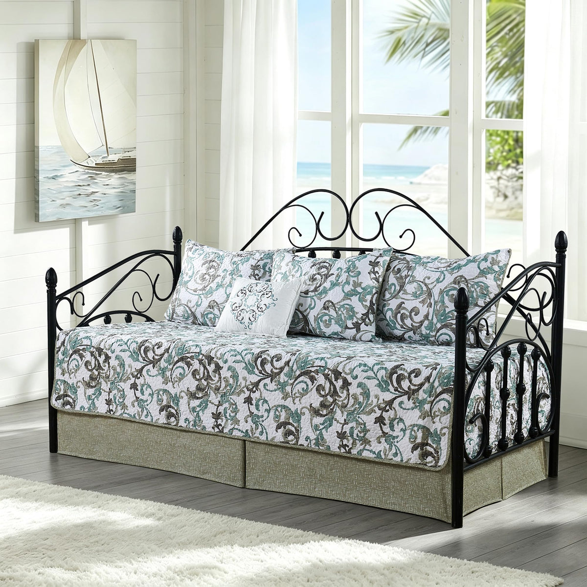 HESTIN 4Pcs Sky Blue Scallop Daybed Cover Set 75"x39" Petunia Embroidery