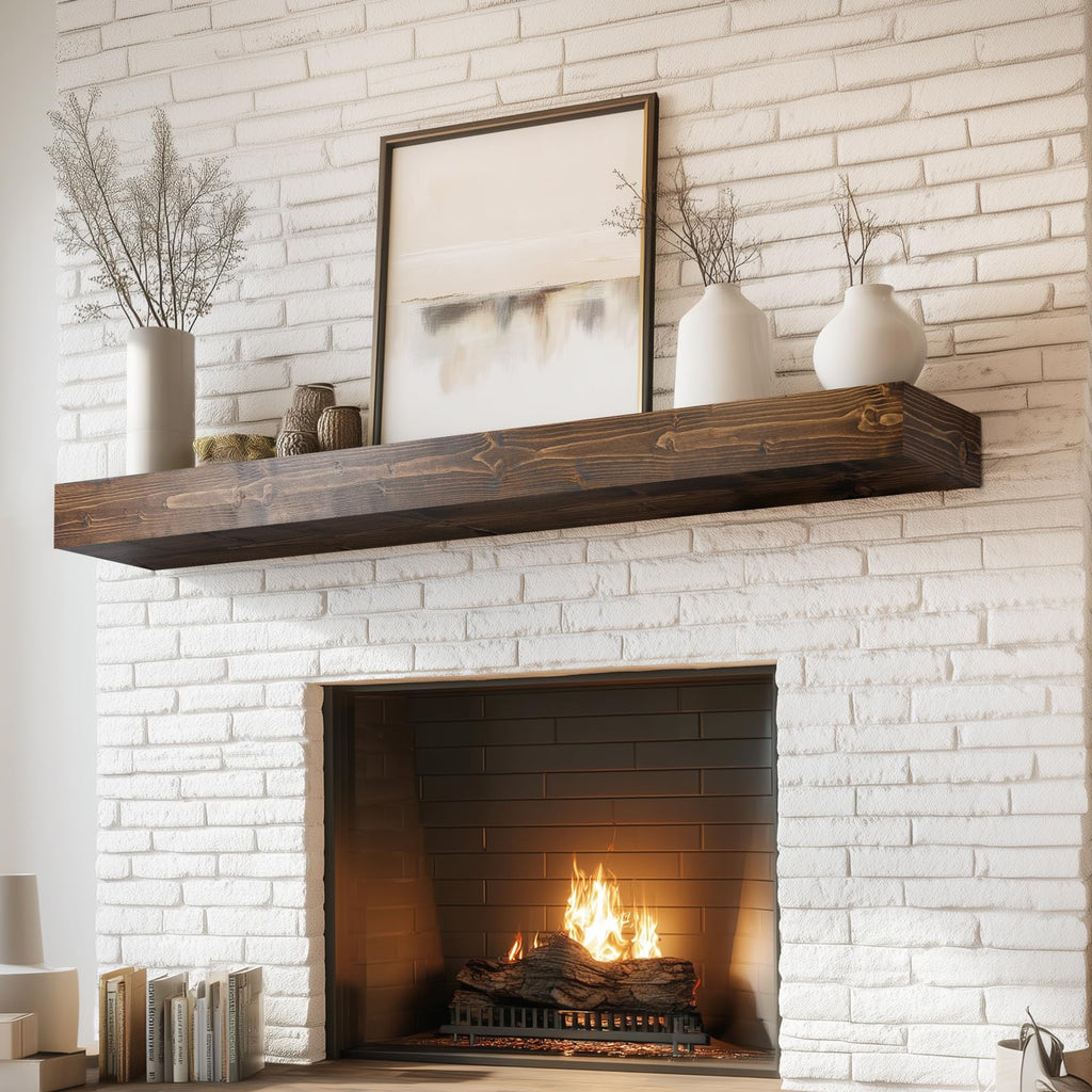 60x8x3in Rustic Fireplace Mantel Pine Wood, Weathered Brown