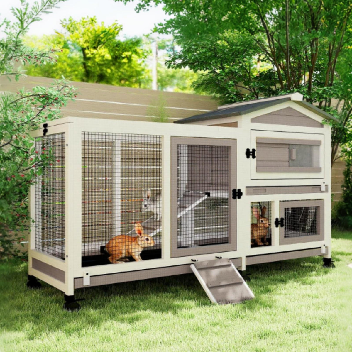 2 Story Rabbit Hutch Indoor & Outdoor, Wooden Rabbit Cage with 2 Leak-Proof Pull-Out Trays, 4 Wheels, Ramp, Chew-Anti Metal Strip for Rabbit, Guinea Pig, Hamster (36" L x 17.8" W x 36.7" H)
