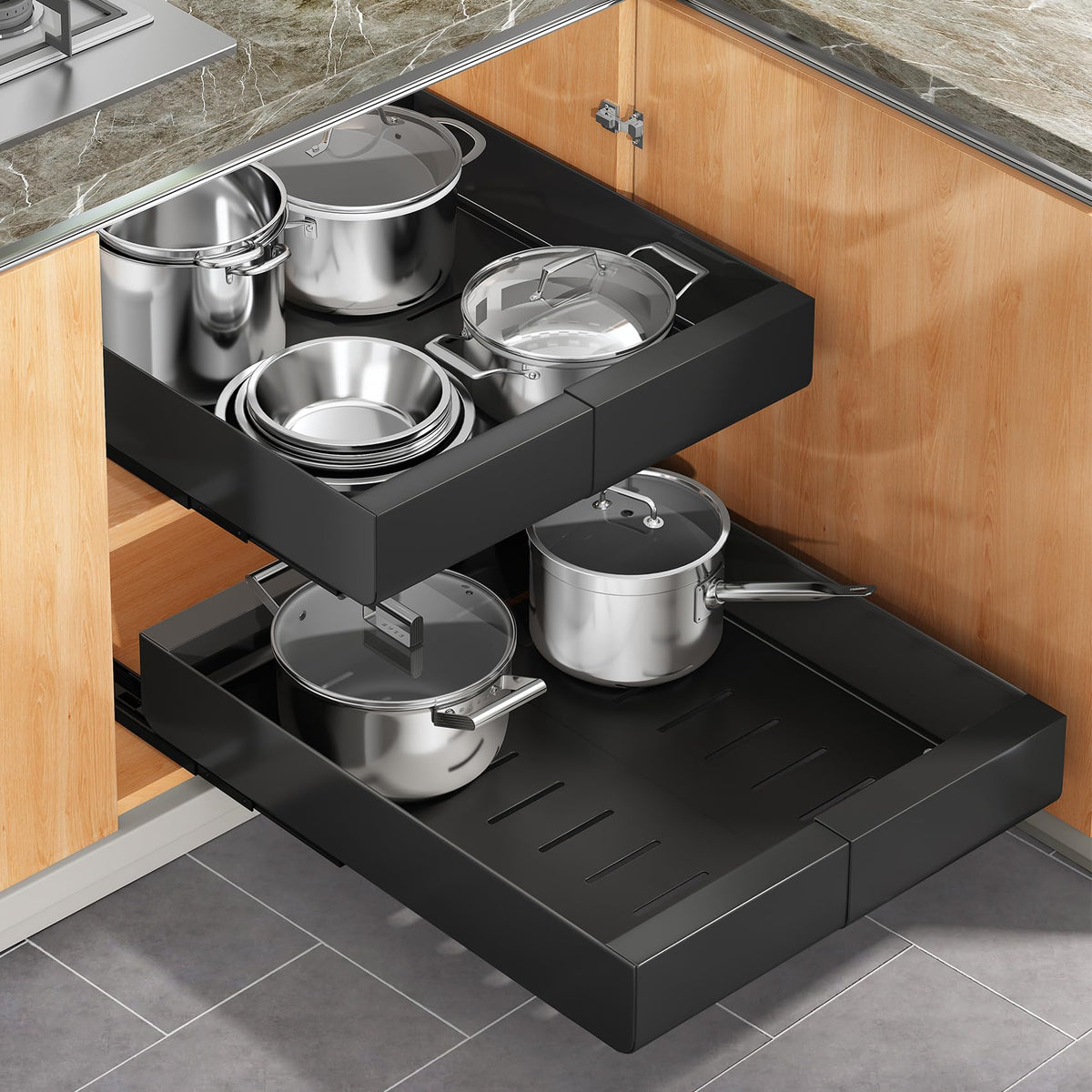 Pull out Cabinet Organizer, 2-pack, Expandable(12"-20") Heavy Duty Slide out Drawers Fixed with Adhesive Nano Film for Pots, Roll out Shelf Storage for Kitchen Base Cabinet Organization(3 Rails)