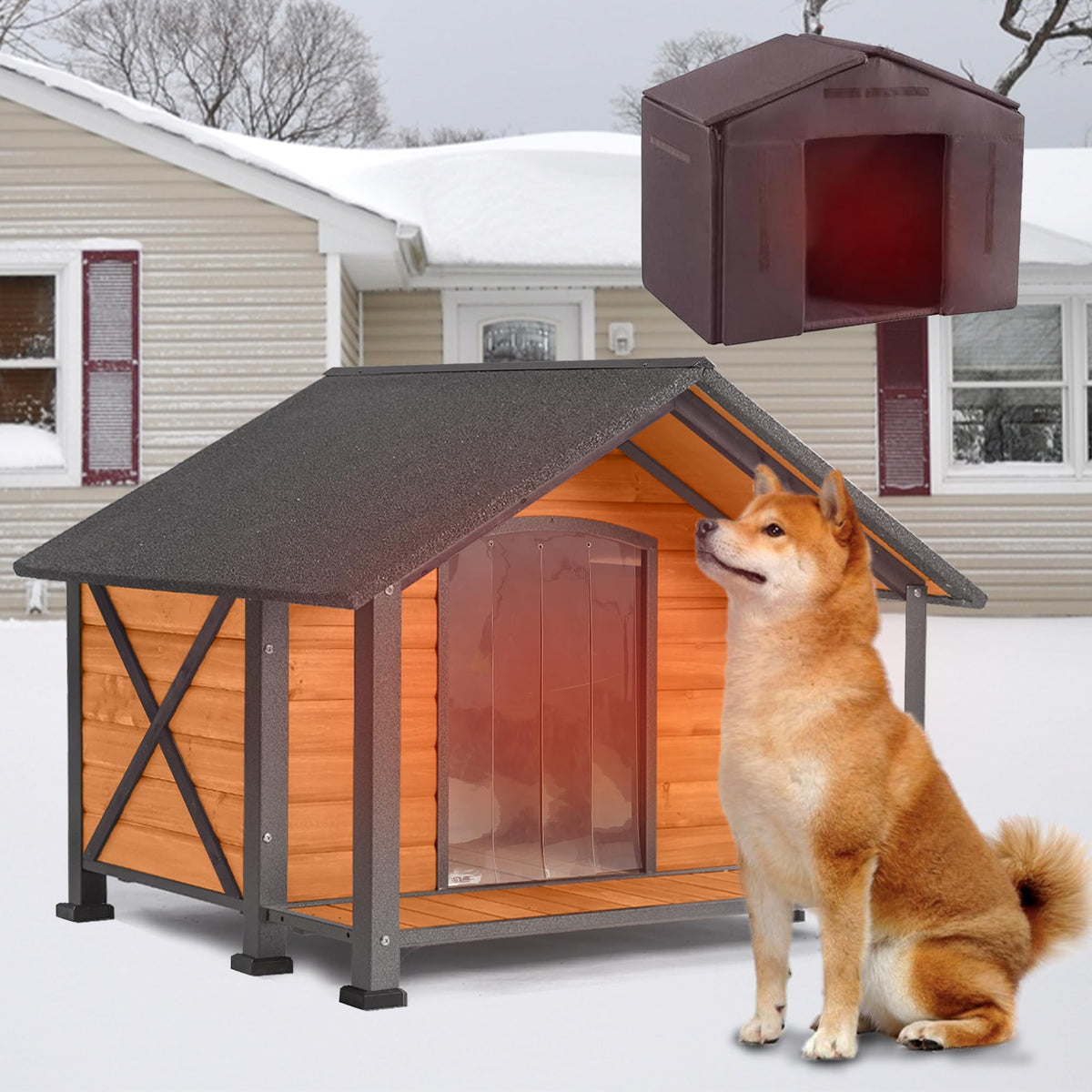Extra Large Heated Dog House Outdoor with Full Iron Frame and Covered Porch