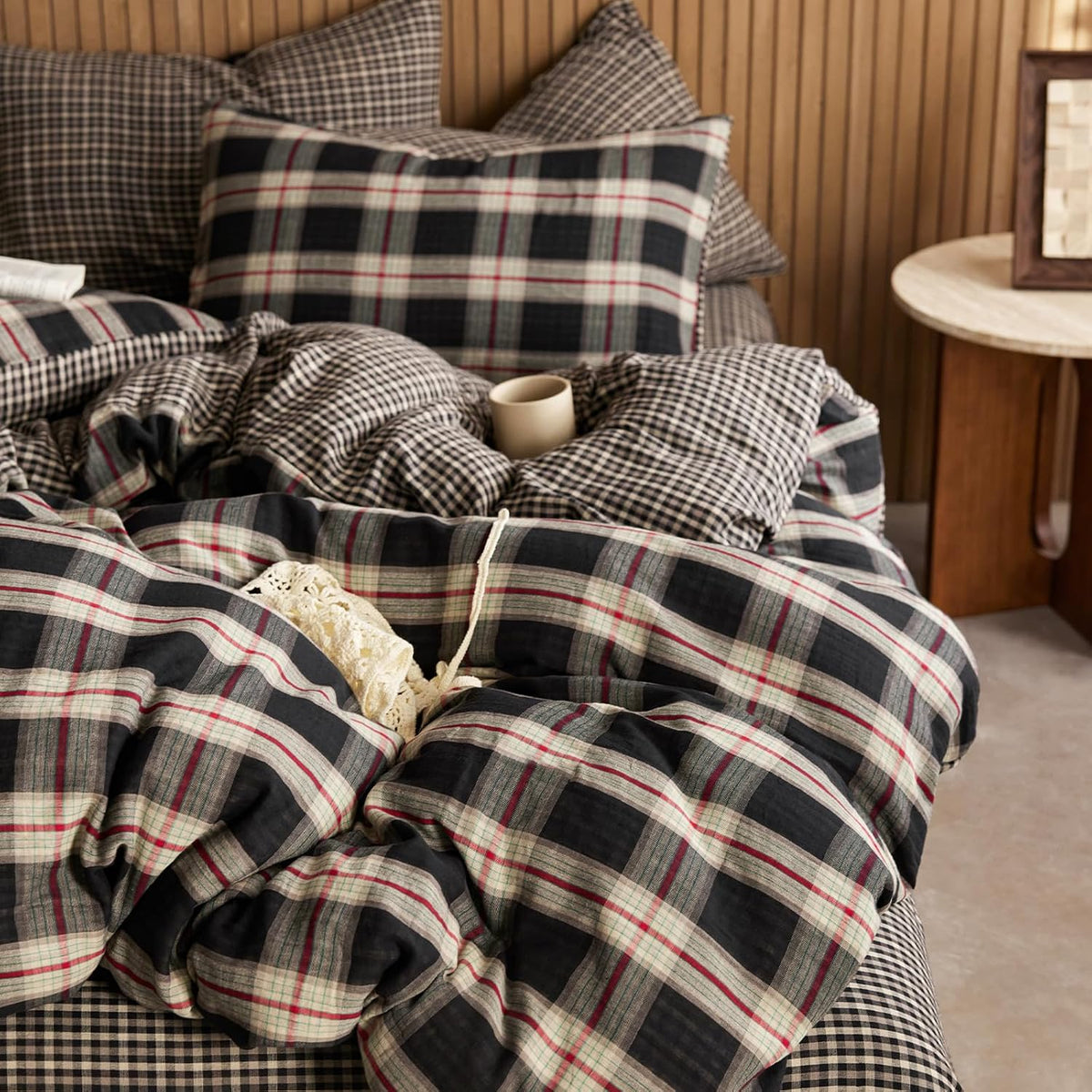 EAVD Vintage Buffalo Plaid Duvet Cover Queen Red&Black&Green Muslin Cotton