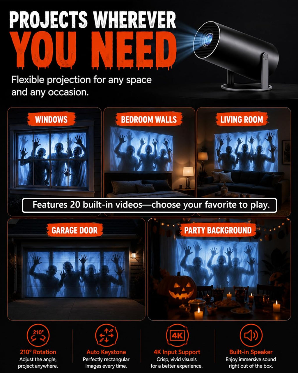 W/ Video Halloween Projector Scary Halloween Decorations，Black：No Fabric
