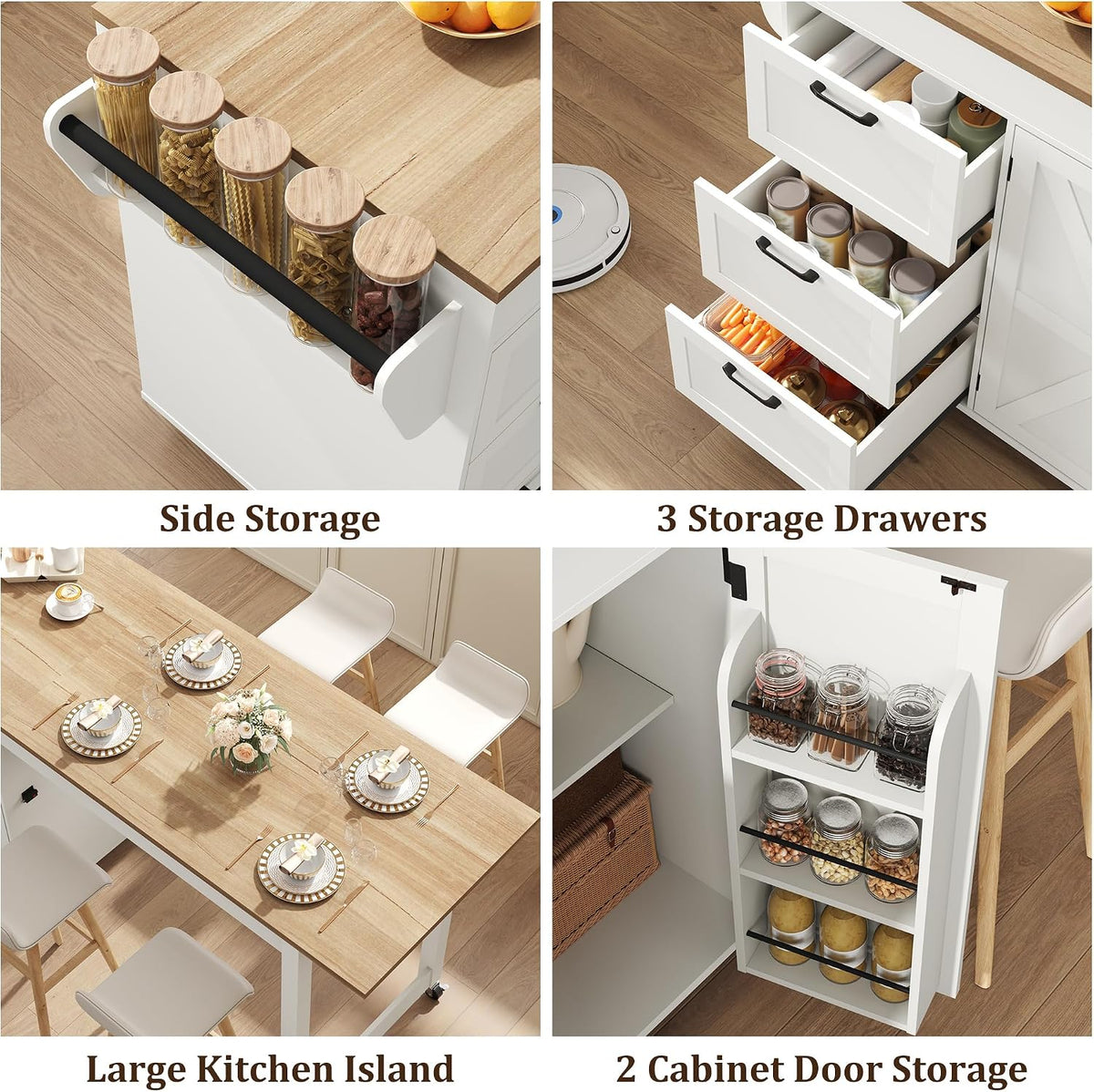 St.Mandyu 47”- 90” Flip-Top Kitchen Island with Extendable Dining Table, Mobile Rolling Storage Kitchen Cart with 3 Drawers & Spice Rack, Multi-Functional Bar Island Table Seats 2-4, White