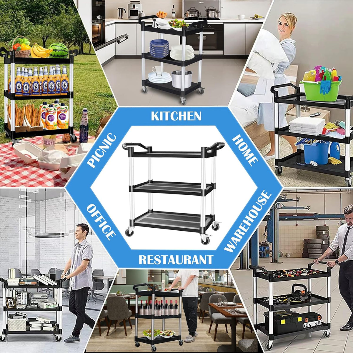 Utility Carts with Wheels, Rolling Kitchen Cart, 3 Tier Cart, Food Service Cart, Restaurant Kitchen Cart, Plastic Heavy Duty Cart for Office Business, 510lbs 16.9" D x 31.5" W x 37.8" H