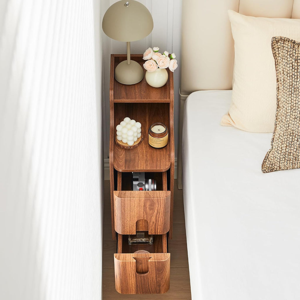 Narrow Nightstand Set of 2, Wood 2 Drawer Small Nightstand, Slim Side Table, Modern Skinny End Bedside Table, Natural Wood Night Stand with Drawers for Bedroom (Walnut-2 pcs)