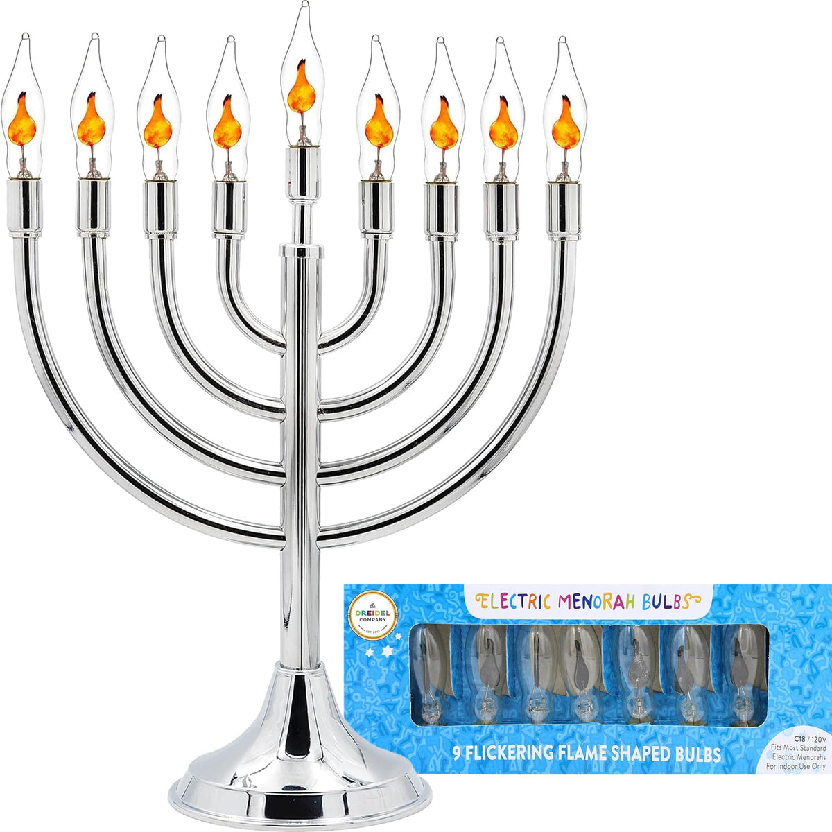 Electric Stainless Steel Hanukkah Menorah, Electric Chanukiya with 10 Flickering Chanukah Bulbs (3-Pack)