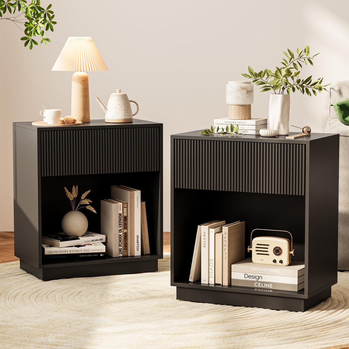 Fluted Nightstands Set of 2, Modern Bedside Table with Storage Drawer and Open Wood Shelf, Wood End Table Mid Century Night Stands for Bedroom Living Room Sofa Couch Office Walnut Brown