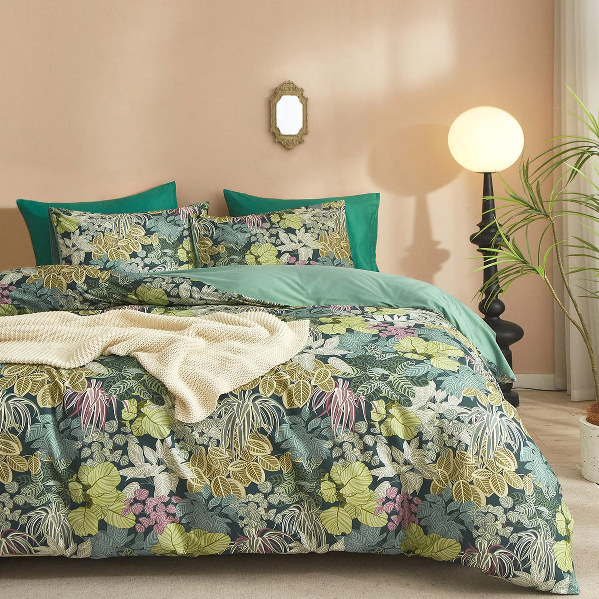 mixinni Garden Style Cotton Flowers and Birds Pattern Printed Duvet Cover Reversible Design Peacock Blue 3 Piece Bedding Duvet Set with Zipper Closure, Perfect for Him and Her-Queen Size