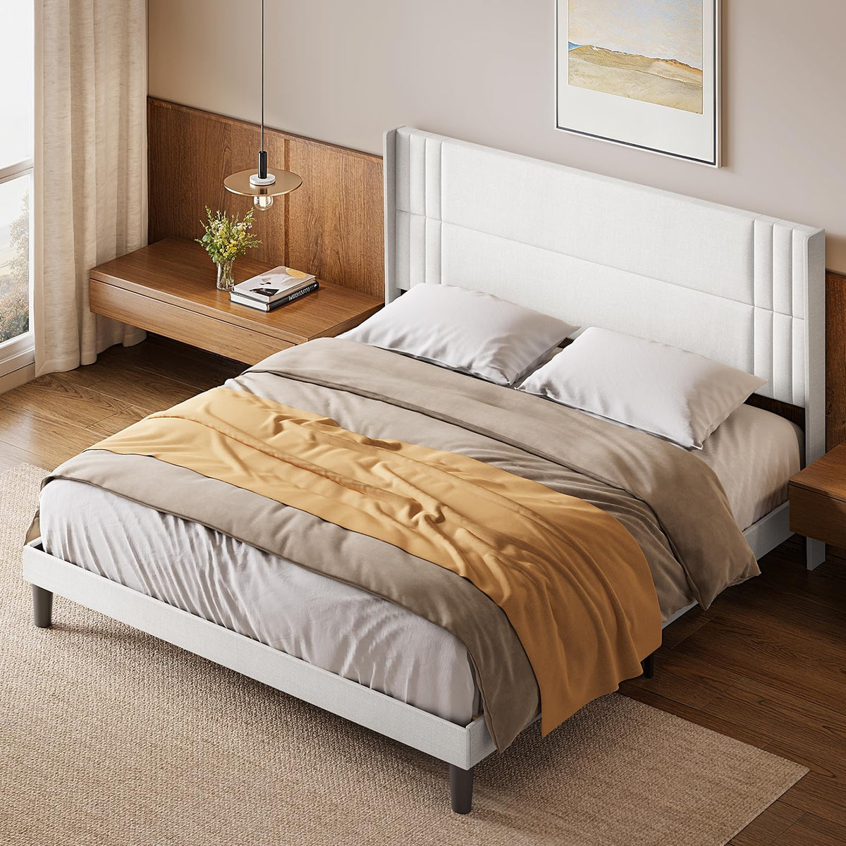 Gizoon Queen Bed Frame with Wingback Headboard, Upholstered Platform Bed