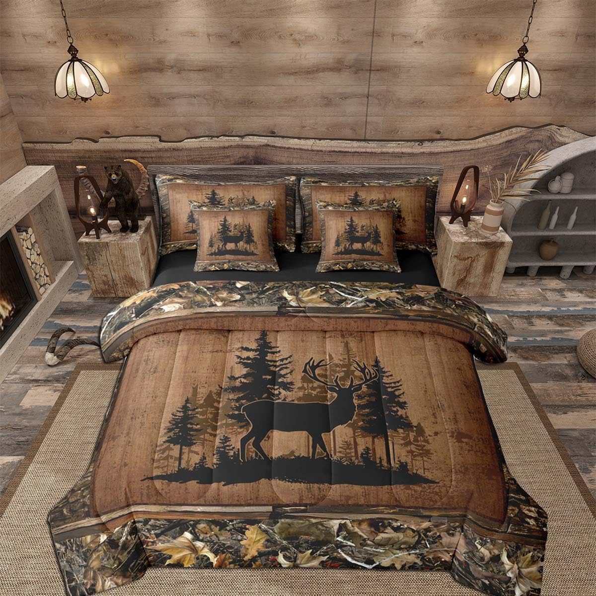 Feelyou Deer Comforter Set with Sheets King Size 7 piece Kids Rustic Deer Hunting Bedding Set Cabin Lodge Deer Bed in a Bag Farmhouse Nature Wildlife Antlers Brown Bed Set
