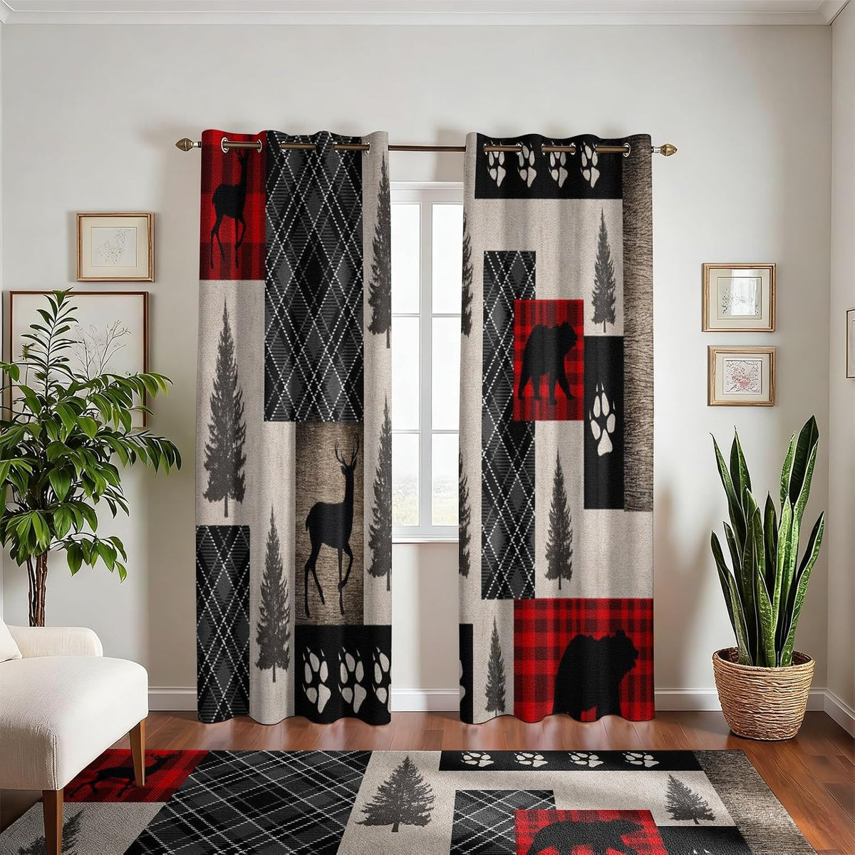 Rustic Woodland Blackout Curtains 108 Inch Long 2 Panels, Buffalo Plaid Patchwork Wildlife Bear Deer Silhouette Pine Grommet Drapes, Thermal Insulated Window Treatments for Living Room