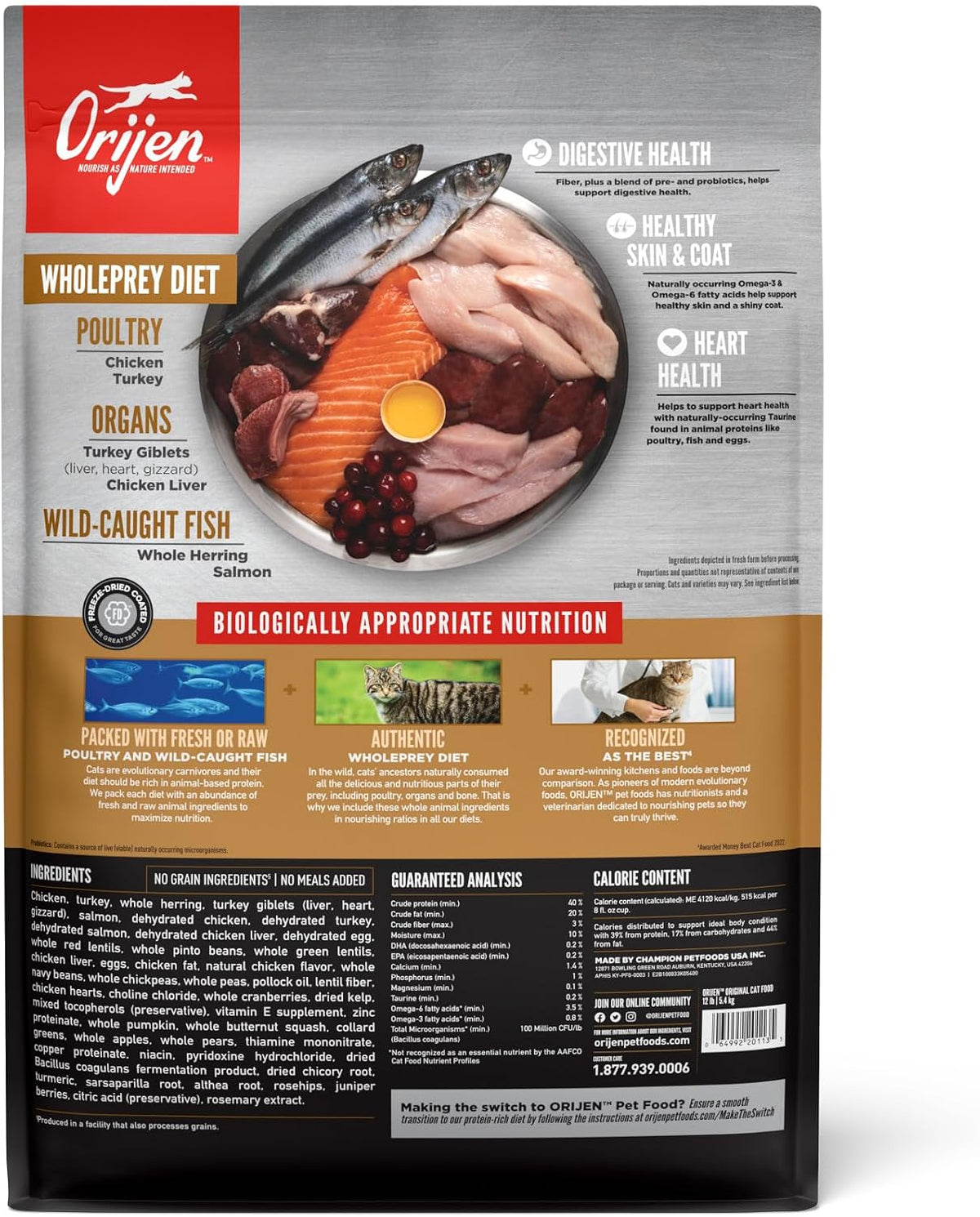 ORIJEN Grain Free WHOLEPREY Dry Cat Food Original Recipe 12lb Bag