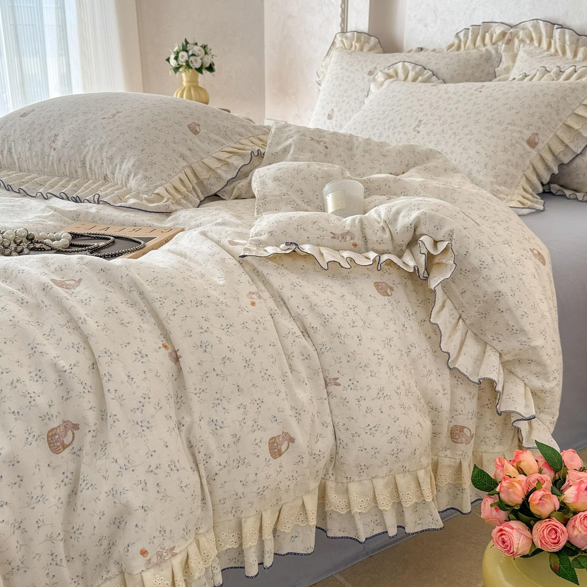 Floral Duvet Cover Set Muslin Cotton Queen(90"x90"),Pink Flower