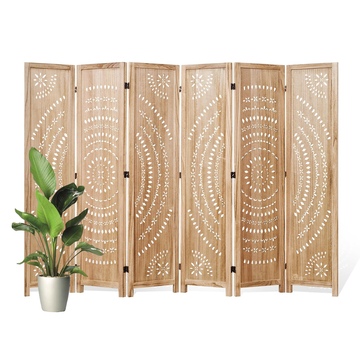 66.9Inch Folding Room Divider, 3 Panels Wood Carved Privacy Screens, Free Assembled Freestanding Partition for Home Office Restaurant Bedroom (Brown)