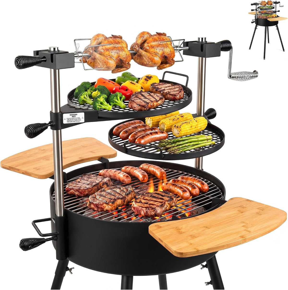 BIG HORN Santa Maria Grill, Portable Argentinian Parrilla with Adjustable Height & 360° Rotating Grates, Charcoal Open Fire BBQ Grill with Rotisserie for Camping, Patio & Backyard
