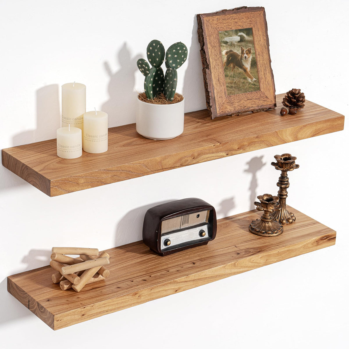 Floating Shelves for Wall, Solid Elm Wood Shelves, 24in Set of 2, Natural