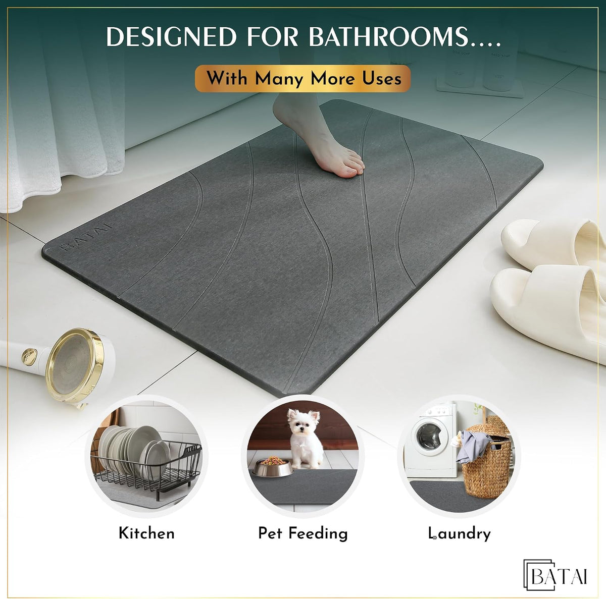 Extra Large Diatomaceous Earth Stone Bath Mat (31.5” x 19.7”) Dark Gray XL