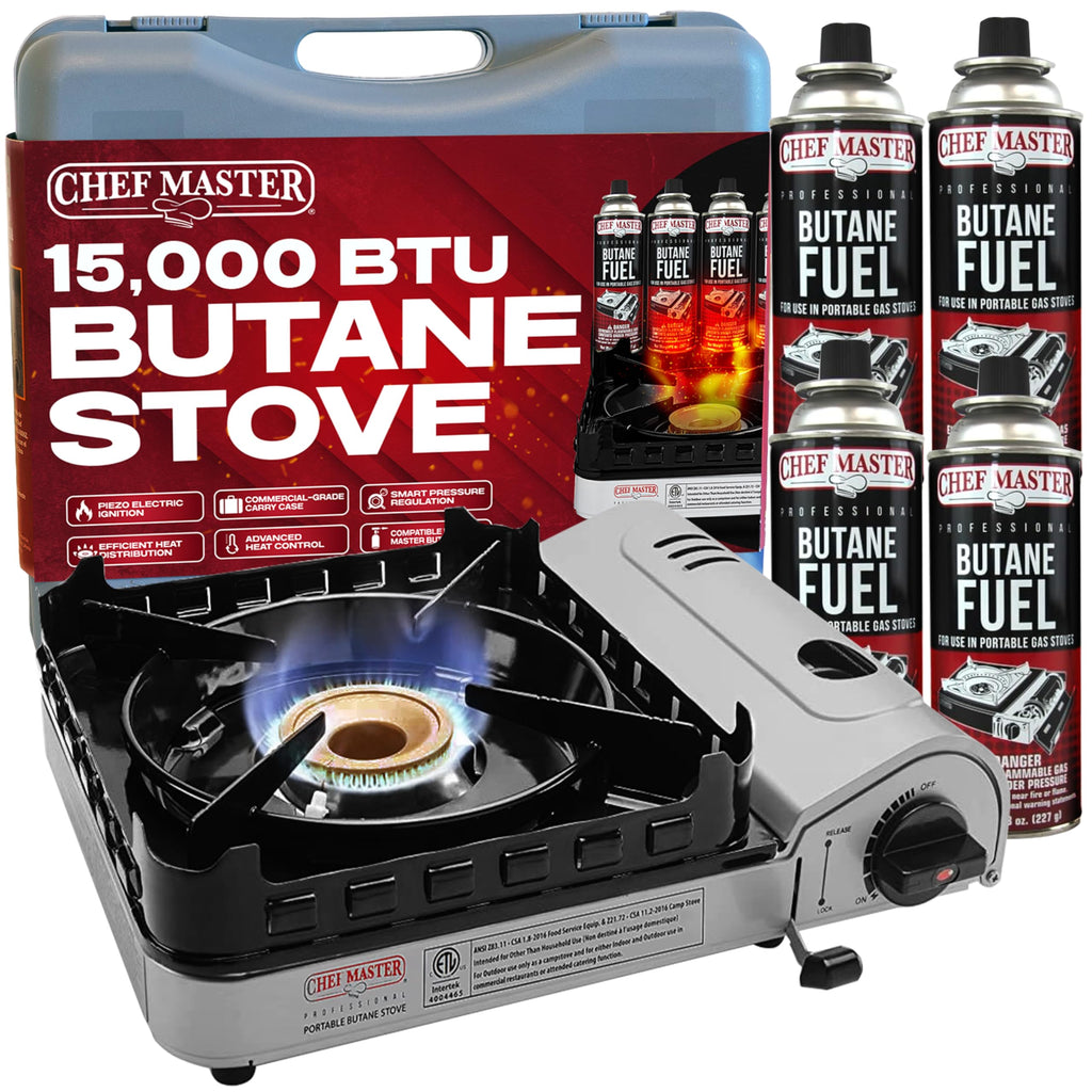 Chef Master Butane Camping Stove + 4x 8 oz Fuel, Backpacking, 15,000 BTU