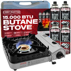 Chef Master Butane Camping Stove + 4x 8 oz Fuel, Backpacking, 15,000 BTU