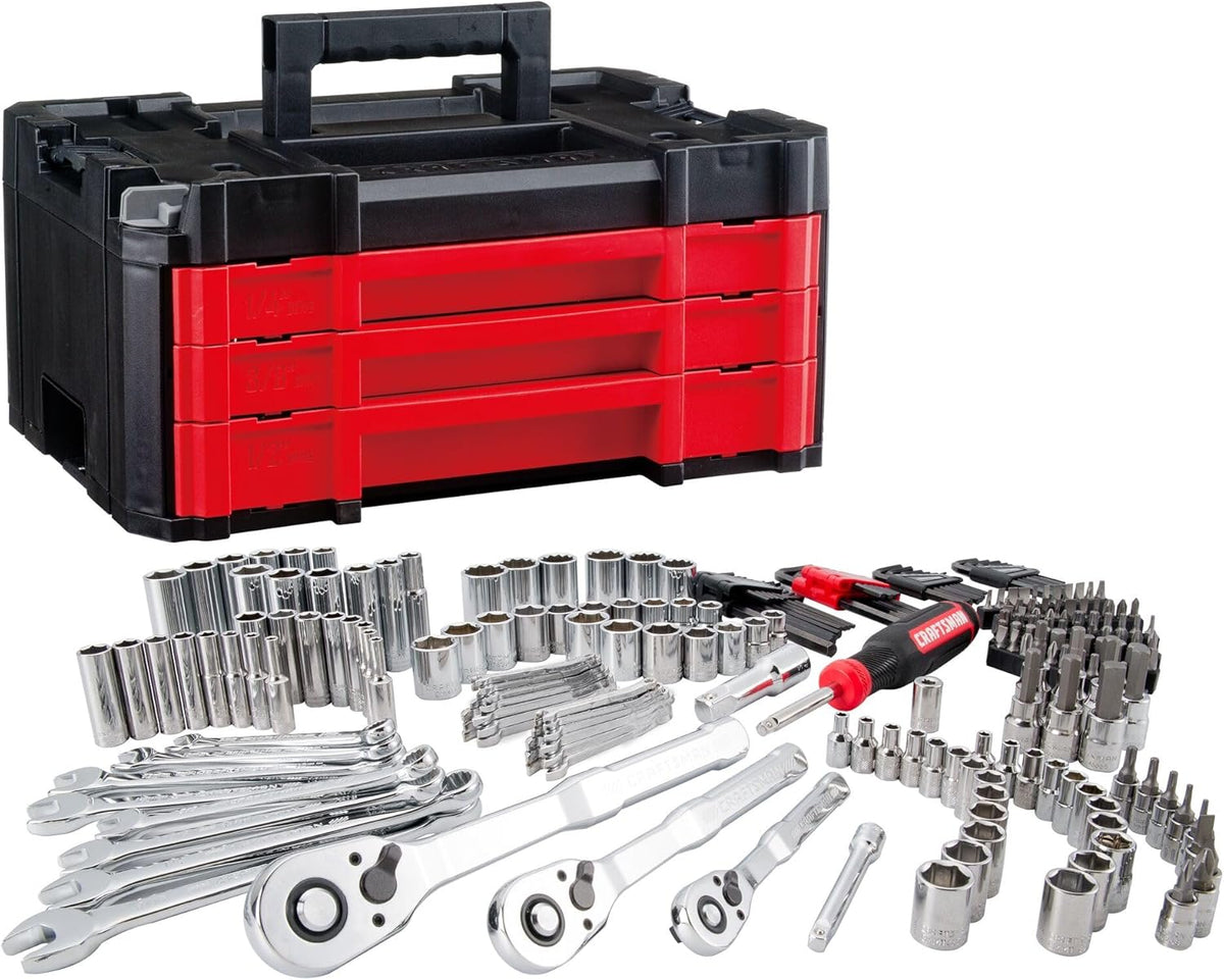 CRAFTSMAN 230 Pcs Mechanics Tool Set, Socket Wrench Set, Car Tool Kit with VERSASTACK Toolbox, SAE and Metric,1/4 in, 3/8 in, and 1/2 Drive, Short and Long Arm Hex Keys (CMMT45306)