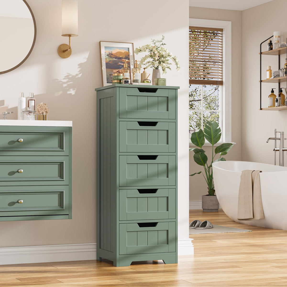 FOTOSOK Bathroom Cabinet, Bathroom Storage Cabinet with 5 Drawers, White