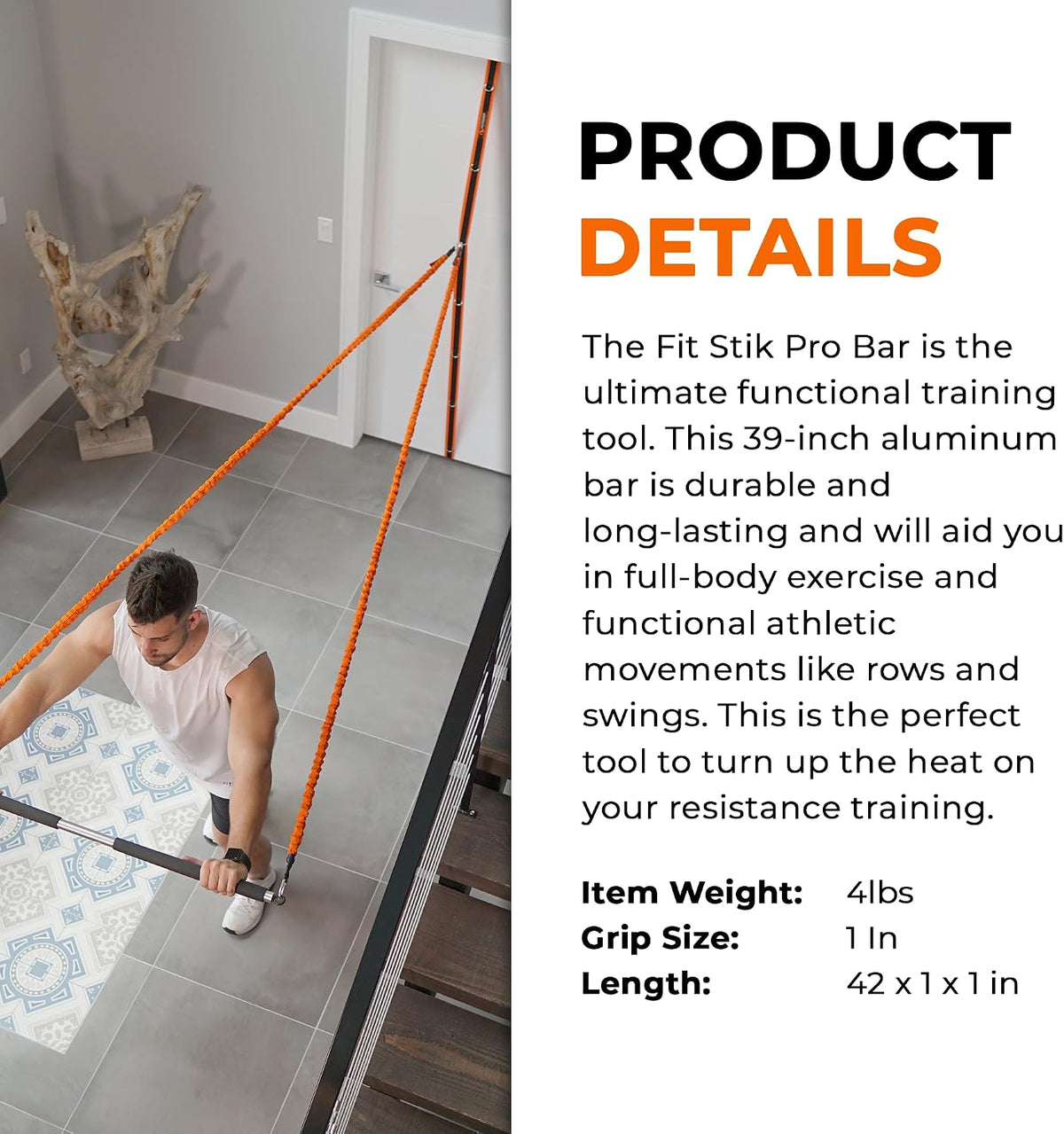 Stroops Fit Stik Resistance Band Bar, Anti-Slip Grip & Swivel Eyelets