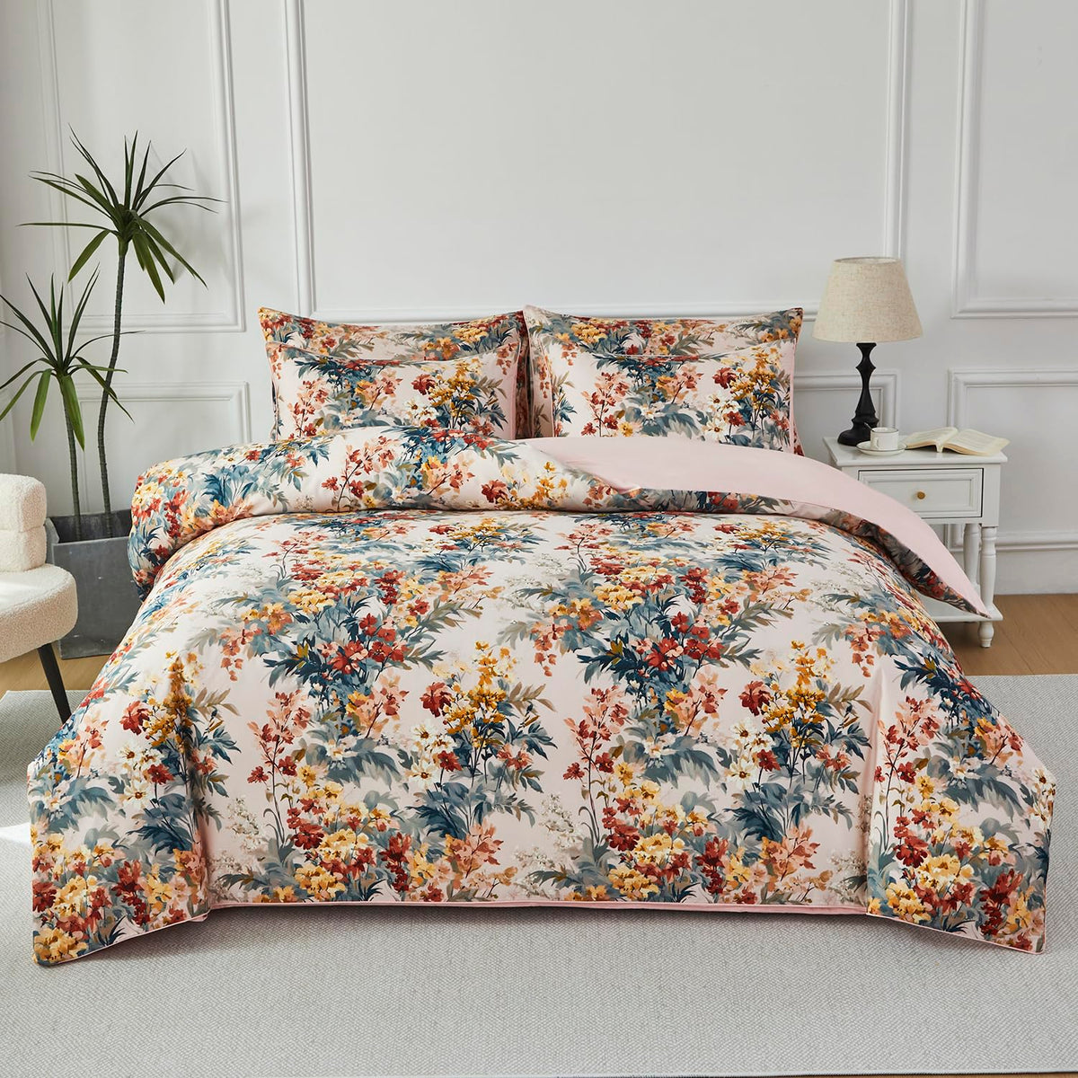 URBONUR 100% Cotton Floral Queen Duvet Cover Set 3-Pieces Botanical Bedding