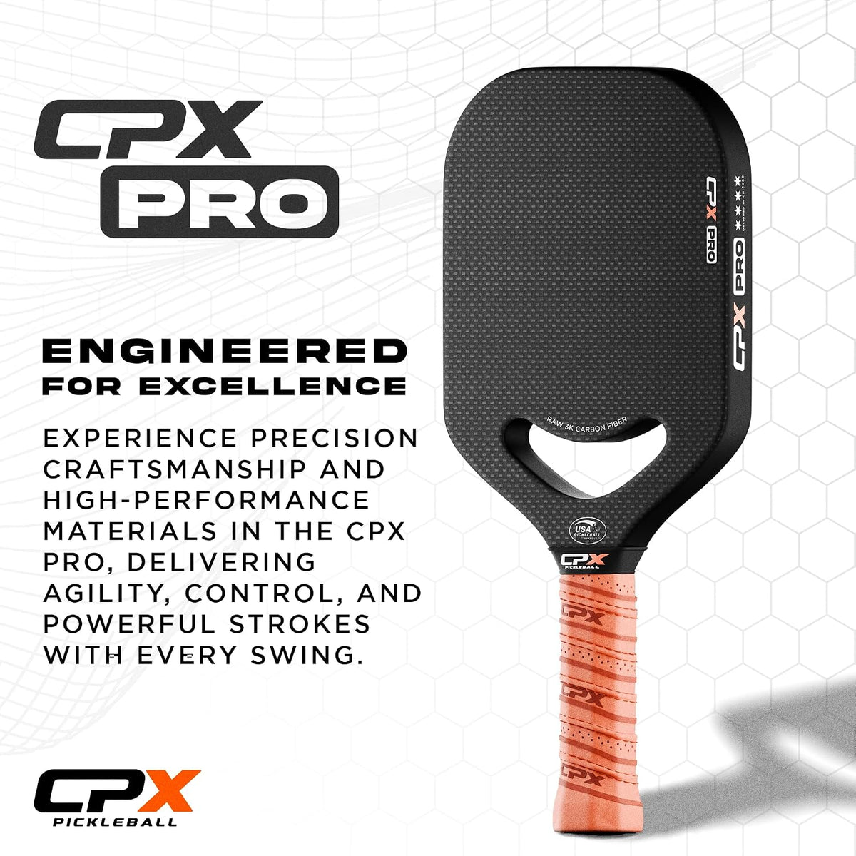 CPX Pro Carbon Fiber Pickleball Paddle - Professional Grade, Matte Finish, Honeycomb Core, Tennis Style Grip - Edgeless Paddle Designed in Chicago, USA