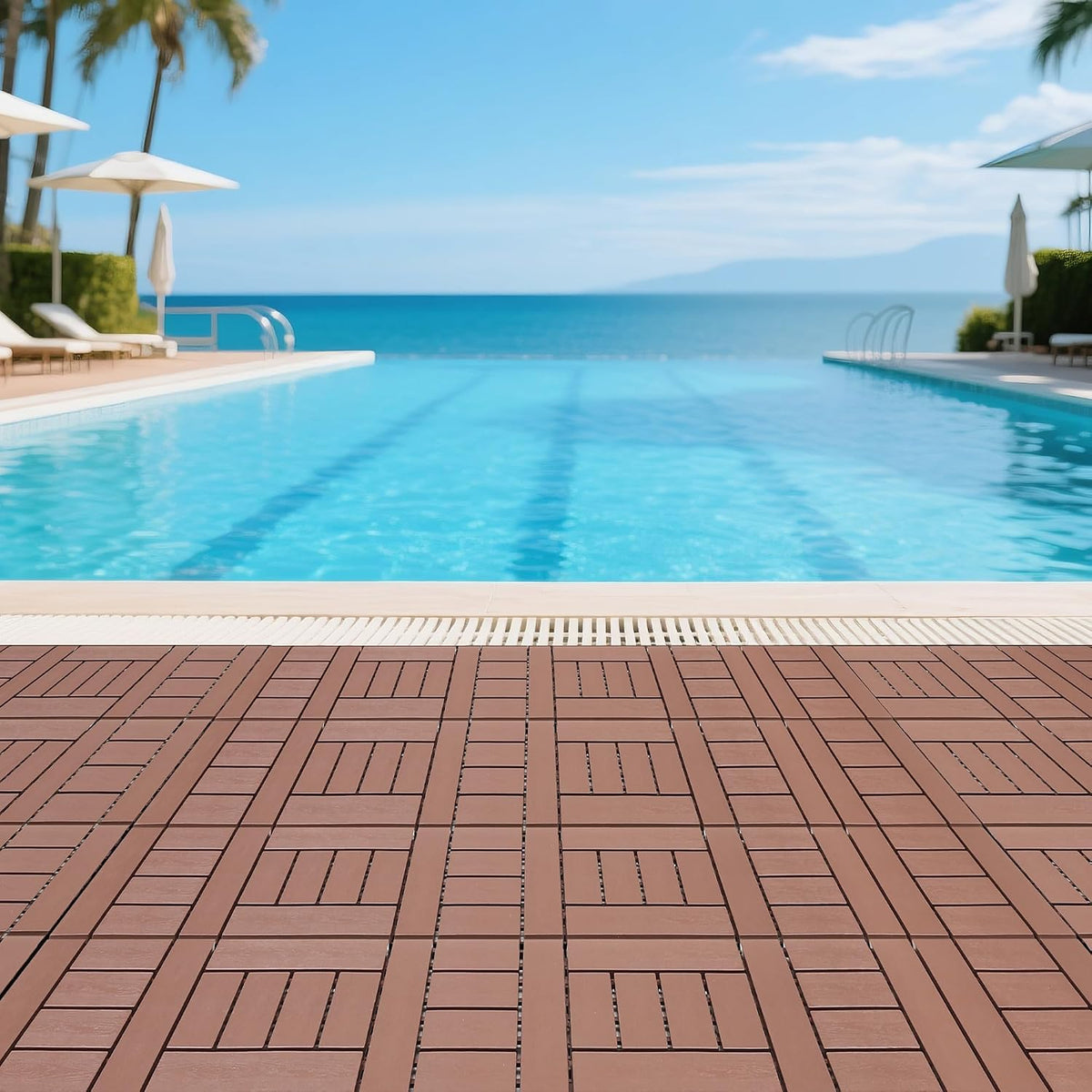 Deck Tiles for Outdoor, Plastic Outdoor Flooring Tiles, Kitchen Non Slip Polypropylene DIY Interlocking Flooring Tile Waterproof for Balcony/Patio, 44 Pcs, 12"x12" Square, All Weather Use, Brown