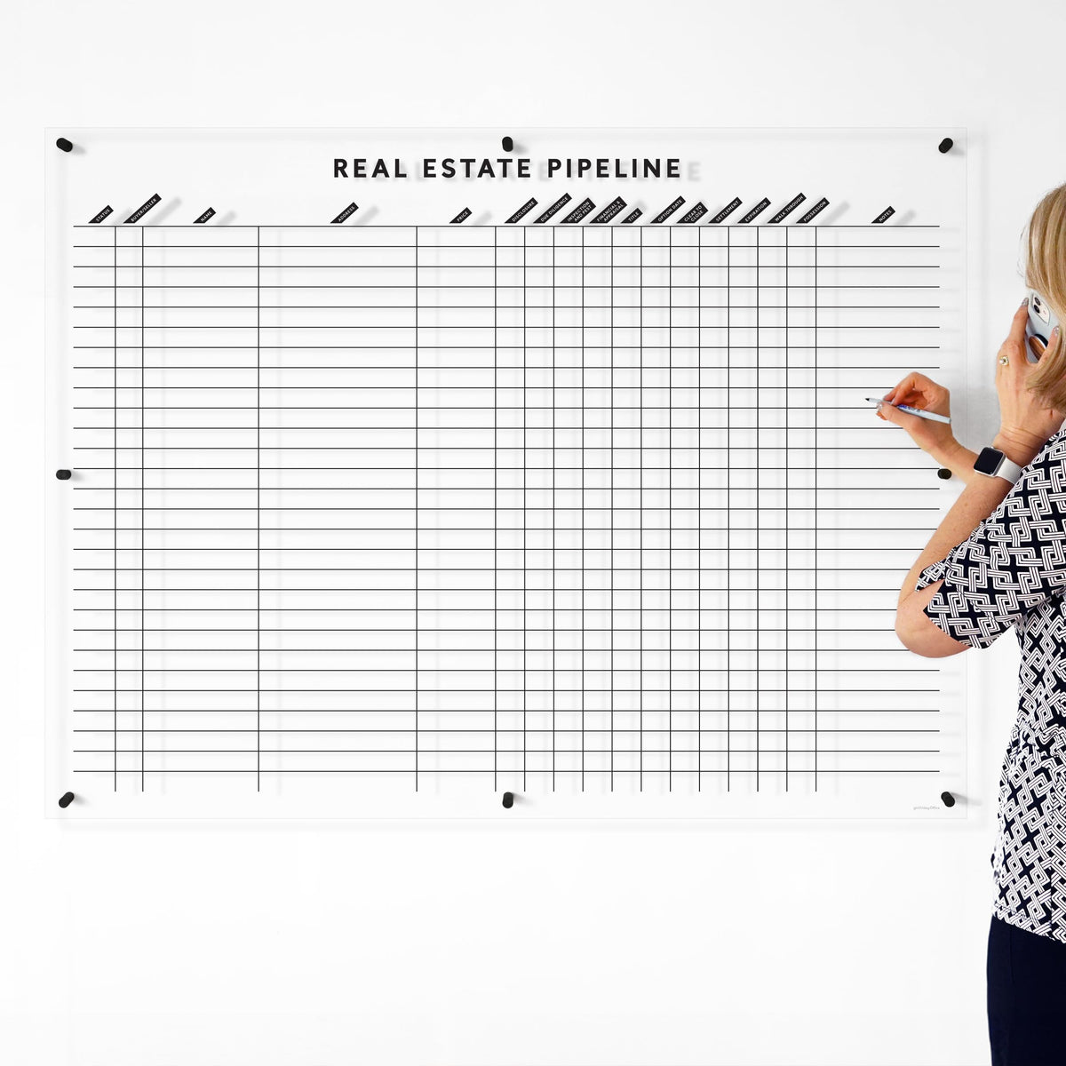 Real Estate Pipeline Board, 31 x 23 Inches, White Acrylic Dry-Erase Deal Tracking Board for Agents, Includes 110 Vinyl Stickers and Mounting Hardware, Made in USA