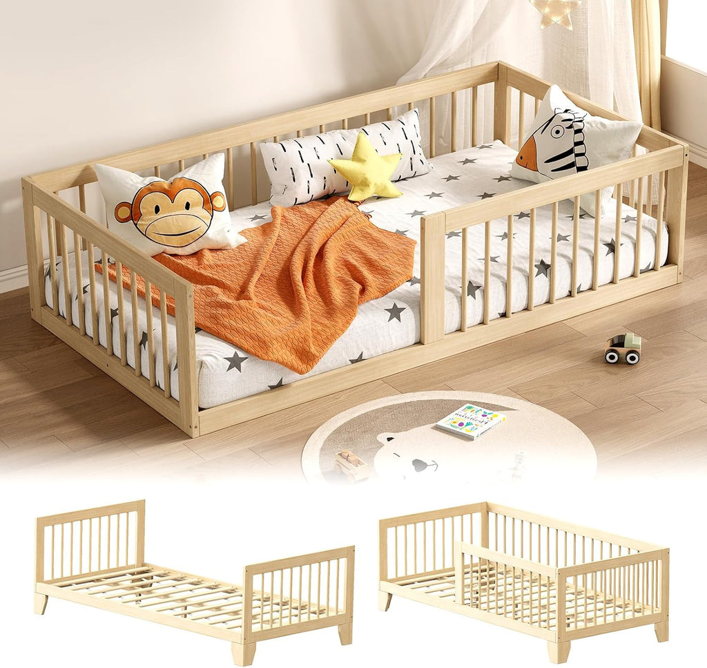 EXPERLAM Montessori Toddler Bed, Variable Twin Floor Bed Frame with Removable Guardrails and Legs, Low Wooden Kids Bed with 10 Slats and Supporting keel, Crib-to-Bed Transition for Bedroom or Nursery