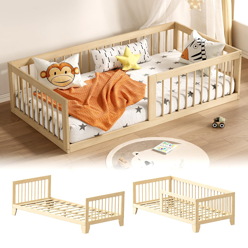 EXPERLAM Montessori Toddler Bed, Variable Twin Floor Bed Frame with Removable Guardrails and Legs, Low Wooden Kids Bed with 10 Slats and Supporting keel, Crib-to-Bed Transition for Bedroom or Nursery