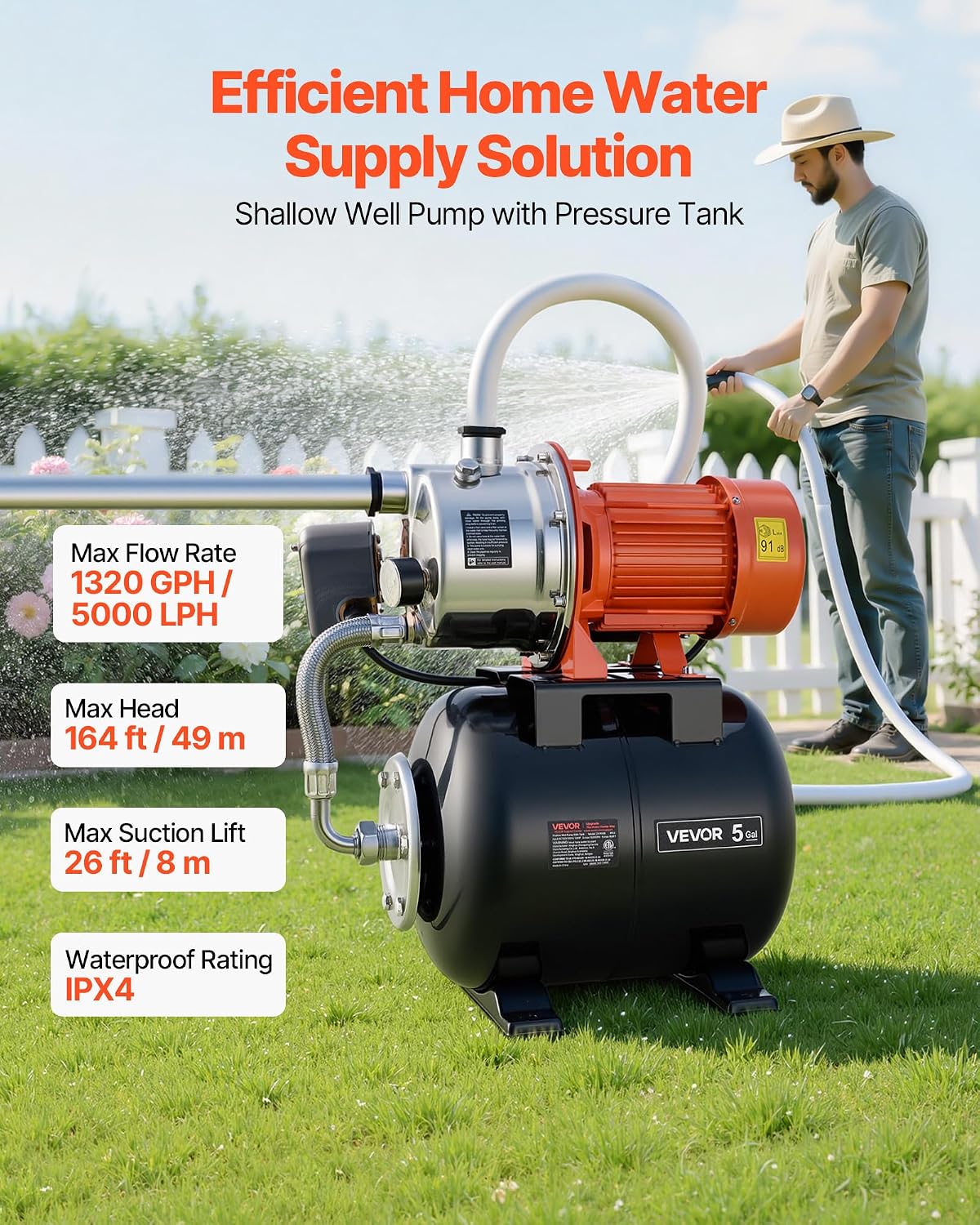 VEVOR 1.6 HP Shallow Well Pump with Pressure Tank, 120V 1320 GPH, Stainless Steel Irrigation Jet Pump with 5-Gal Tank, Automatic Water Booster System, 20/40 PSI Pressure Switch, for Home Garden Lawn