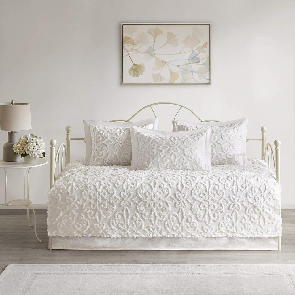 Misc Bright White Chenille Daybed Set Medallion Pattern Bedding Textured Soft Cotton Fabric Shabby Chic, 5 Piece