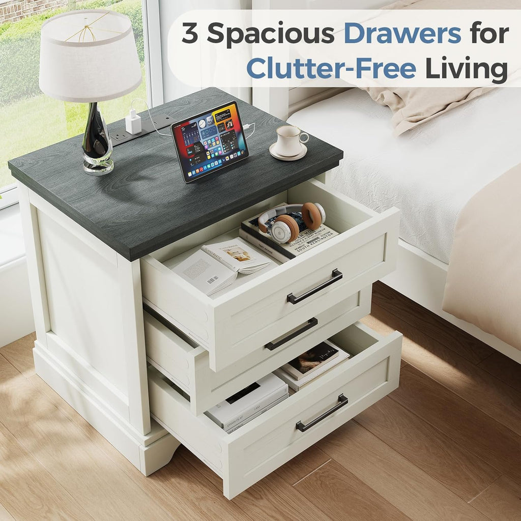DUMOS Farmhouse Nightstand with Built-in Charging Station & USB Ports