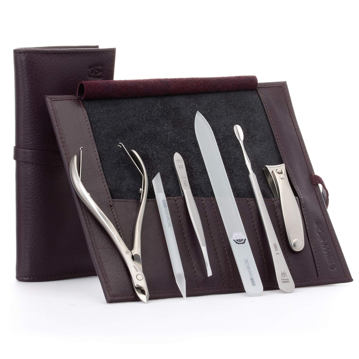GERMANIKURE 7pc Manicure & Pedicure Set, FINOX Steel, Purple Leather Roll