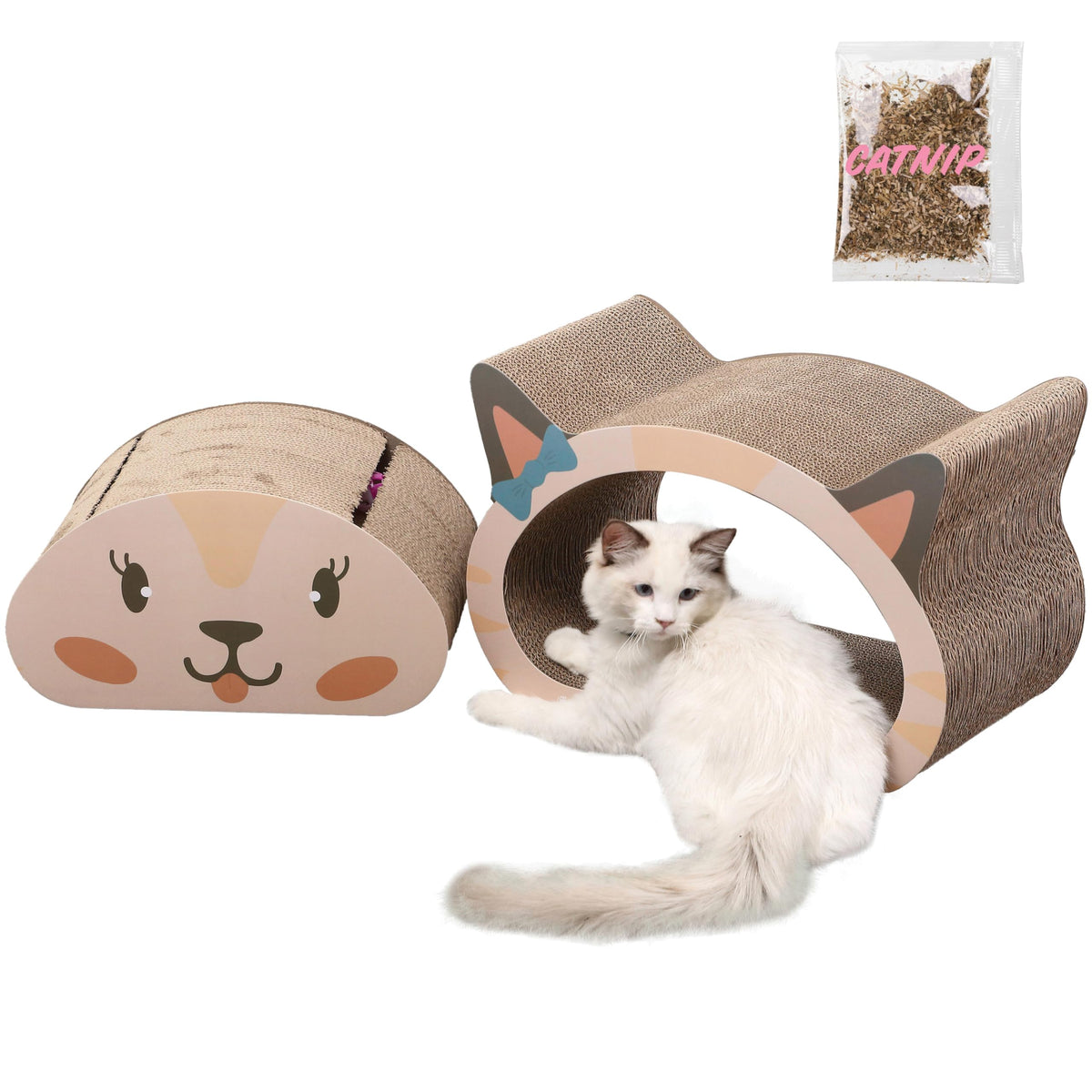 CSR1000B Opal 19" Modern Cardboard Happy Cat Head 2-in-1 Cat Cave Scratcher with Built-in Bell Toys and Catnip, Cream/Peach