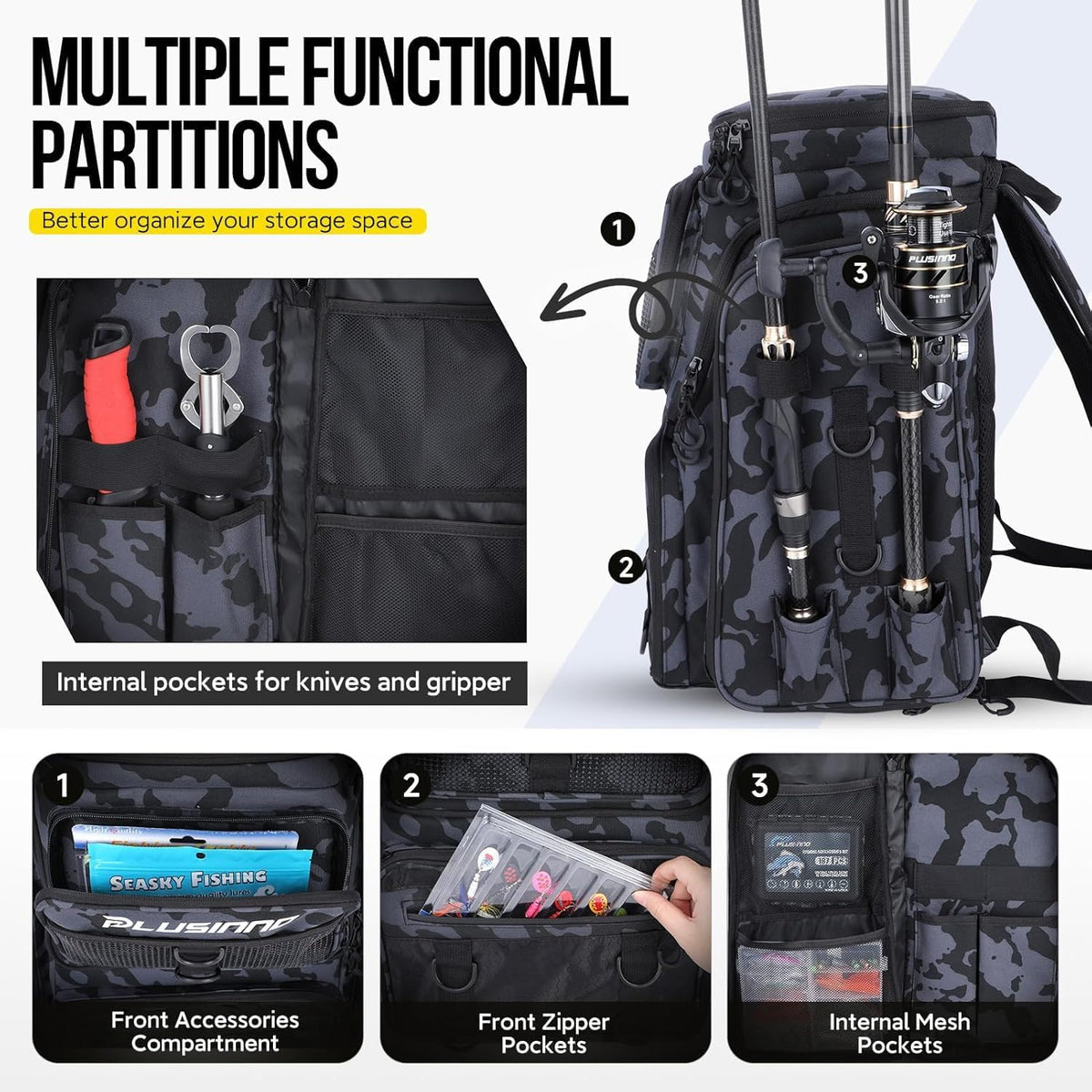 PLUSINNO Fishing Backpack with Fishing Net,42L Waterproof tackle Backpack with Tackle Boxes,Fishing Gear,Lures,Tools,Pliers & Accessories, Fishing Gifts for Men