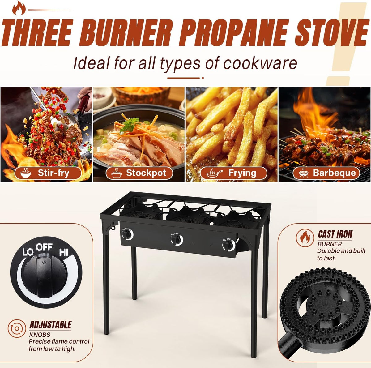 3 Burner Propane Gas Stove with Dustproof Cover