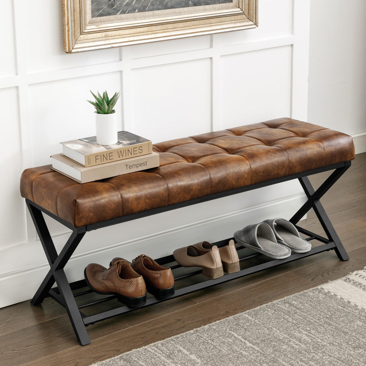 LUE BONA 44.5” End of Bed Bench with Shelf, Linen Tufted Upholstered Storage Shoe Bench, Modern Bedroom Bench with Metal Legs for Living Room, Entryway, Dining Room, 300 LB, Yellowish Brown