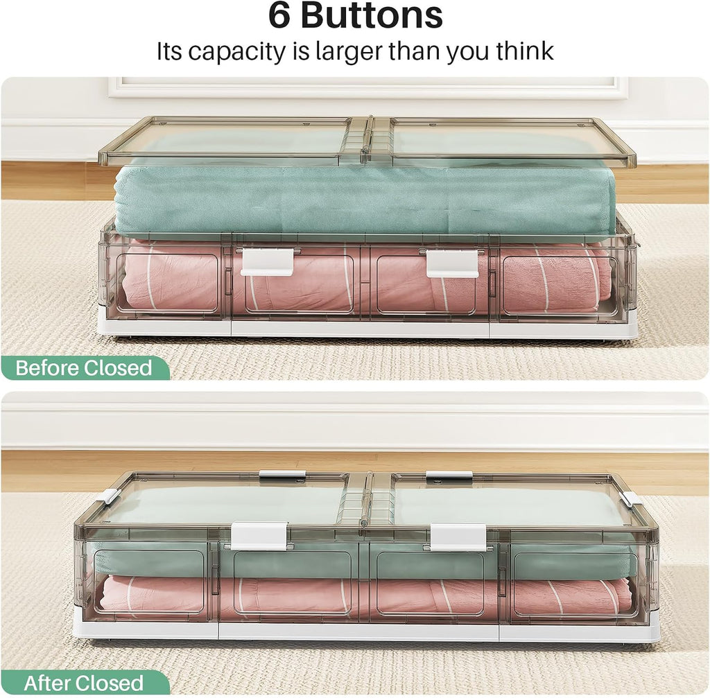 Kitstorack Plastic Under Bed Storage Containers,2 Pack Underbed Storage with Wheels,Foldable and Stackable Under Bed Organizer,Moisture and Dust-proof Storage Boxes for Clothes Shoes,13.6 Gal