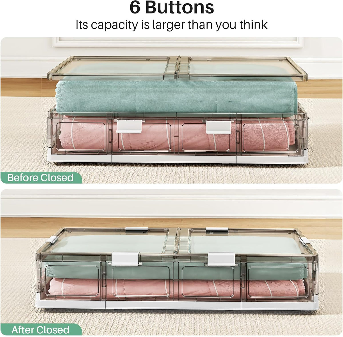 Kitstorack Plastic Under Bed Storage Containers,2 Pack Underbed Storage with Wheels,Foldable and Stackable Under Bed Organizer,Moisture and Dust-proof Storage Boxes for Clothes Shoes,13.6 Gal