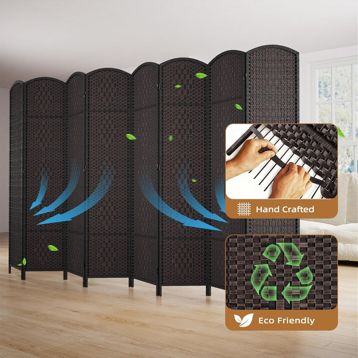 HALLYBEE Room Divider Panel,8 Panel Partition Room Dividers, Dark Mocha