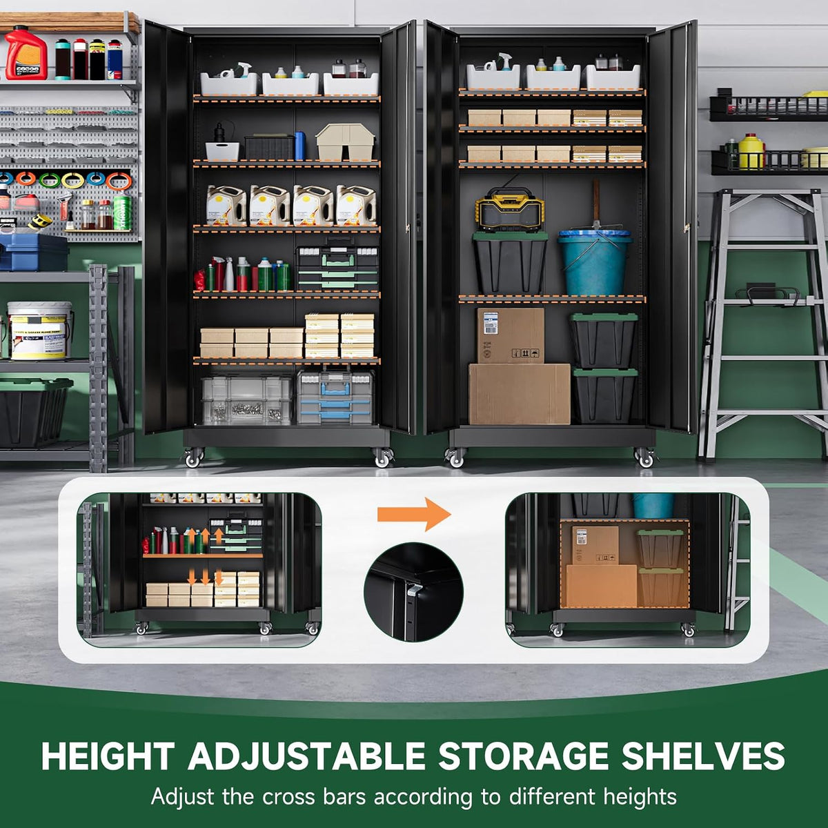 Letaya Metal Garage Storage Cabinets with Wheels,Steel Tool Cabinets Lock Door and Adjustable Shelves for Home,Office,Warehouse Organisieren (Black, 74.41" H)