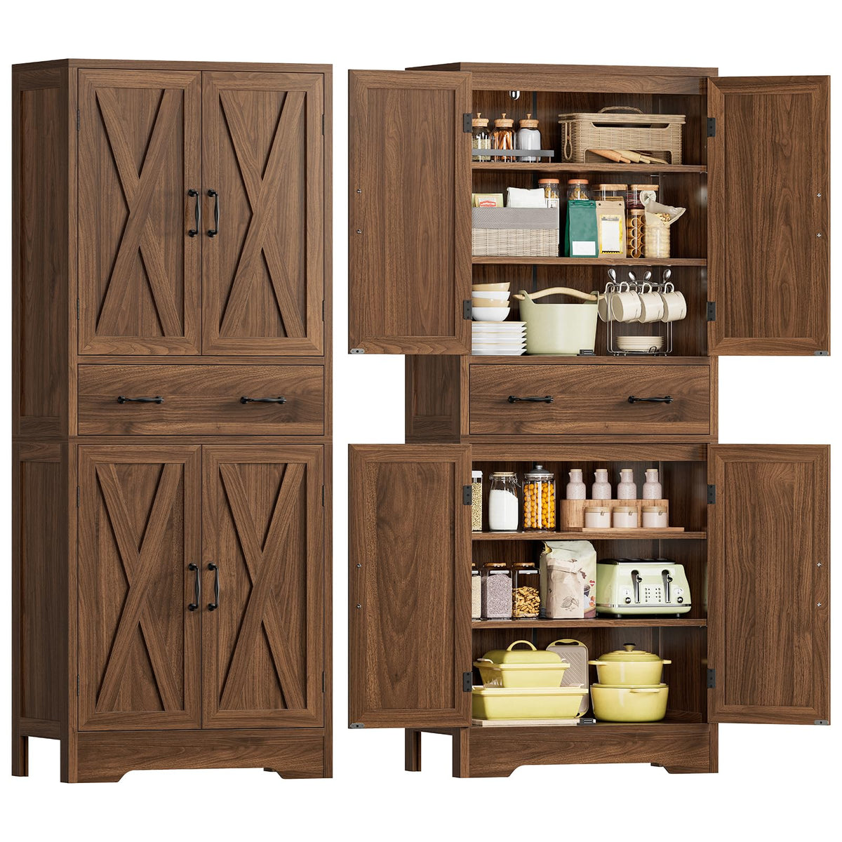 TEENFON Storage Cabinet, Pantry Cabinet with 2 Adjustable Shelves & Large Drawer, Kitchen Pantry Cabinet with 4 Doors, Bathroom Storage Cabinets, for Living Room, White